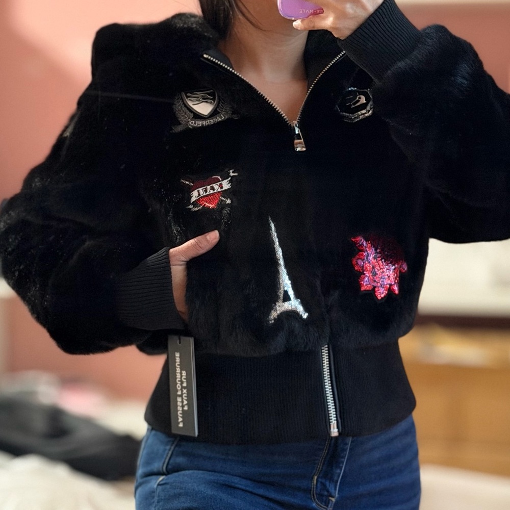 Karl Lagerfeld Black Bomber Jacket with Embroidered Accents NWT